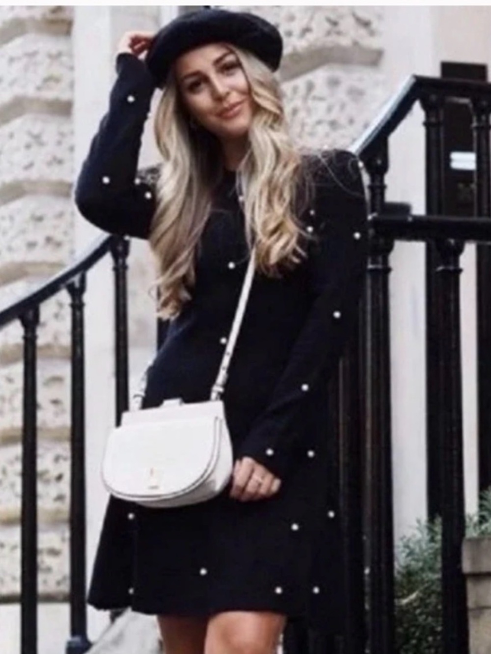 Zara Black Pearl-Embellished Long Sleeve Knit Dress